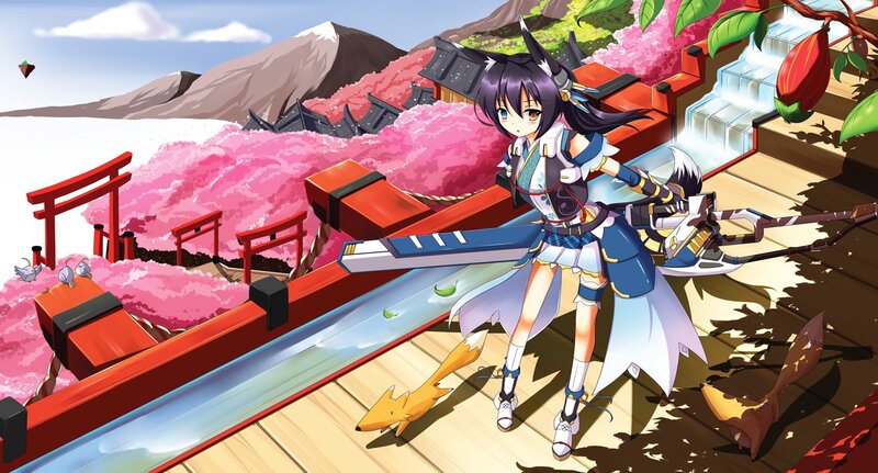 Anime girl with sword on dock
