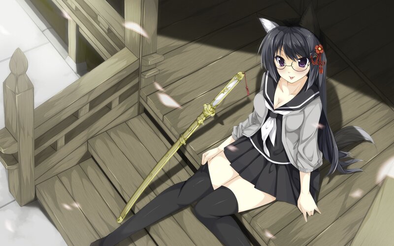 anime girl with sword on porch