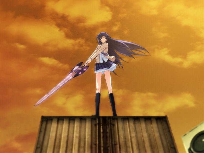 anime girl with sword on rooftop
