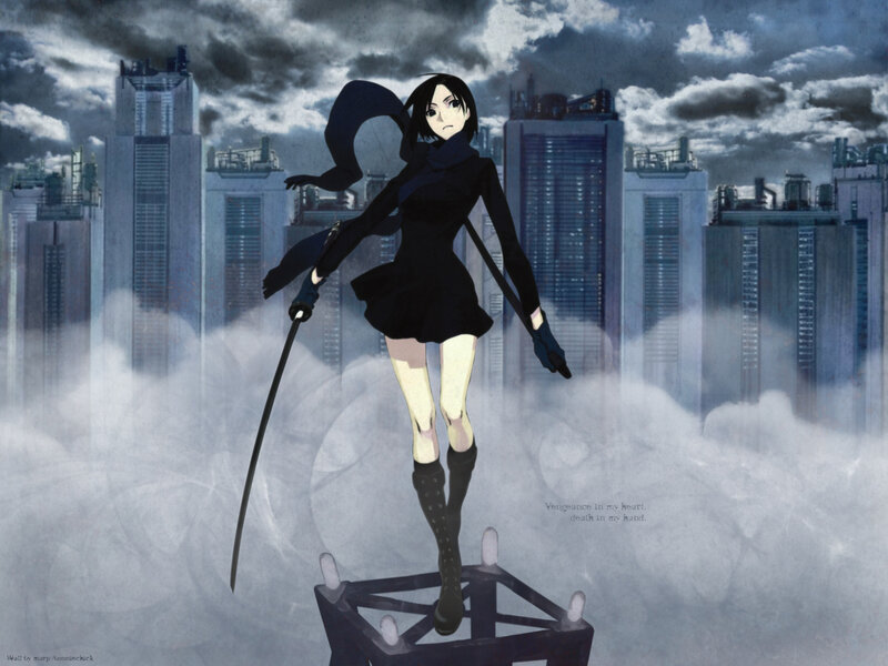 anime girl with sword on rooftop