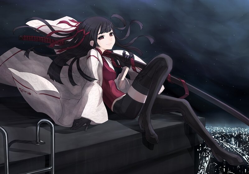 anime girl with sword on rooftop