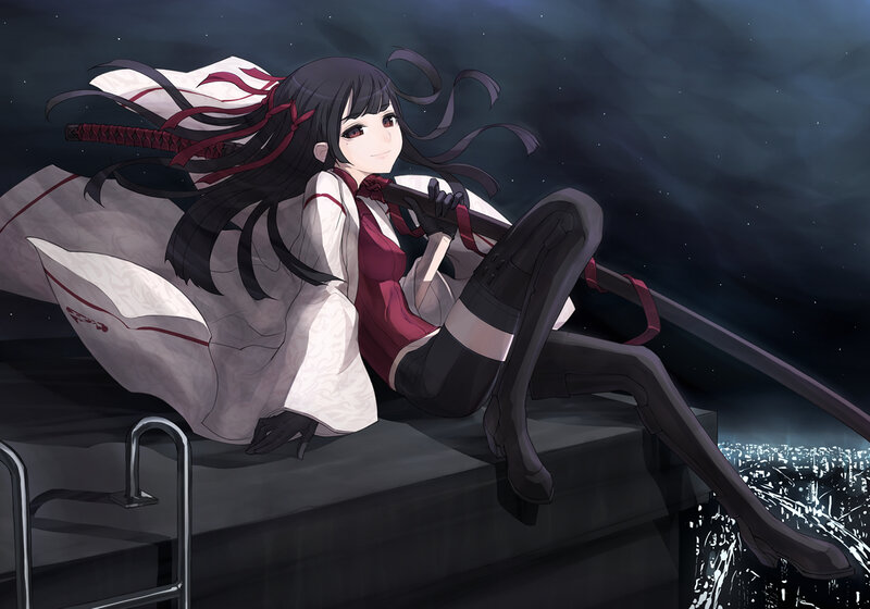 anime girl with sword on rooftop