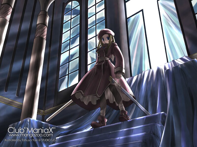 anime girl with sword on stairs
