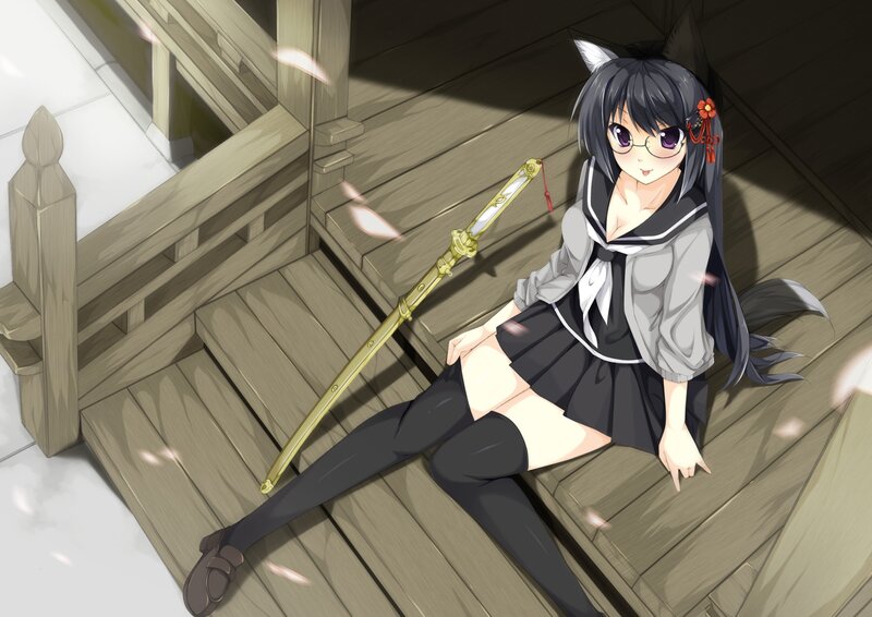 anime girl with sword on stairs