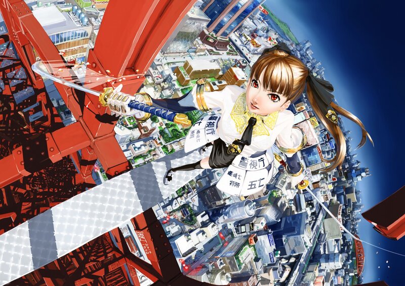 anime girl with sword on tower