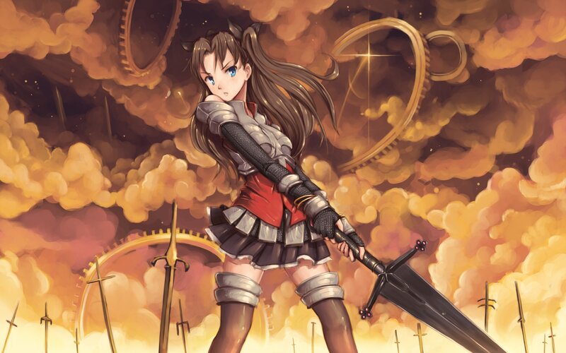 Anime Girl with Sword — Orange, Dramatic, Digital Art, Armor