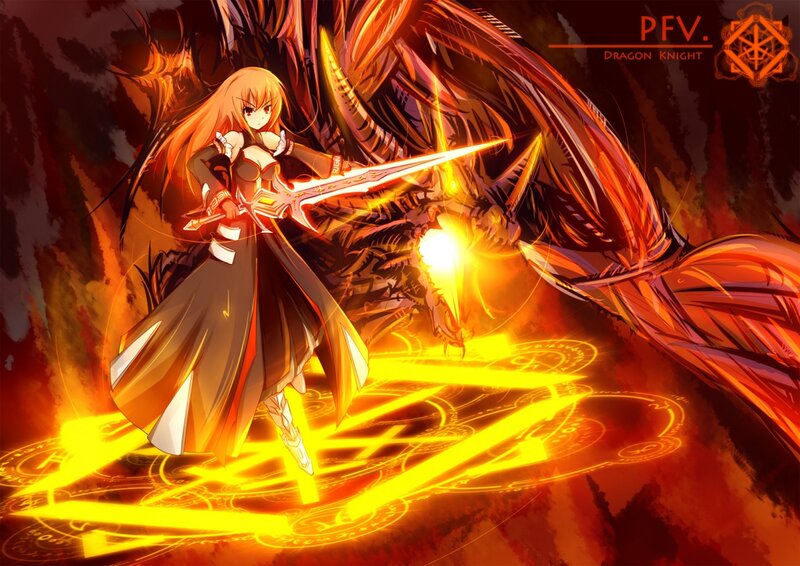 Anime Girl with Sword — Orange, Dramatic, Digital Art, Dragon