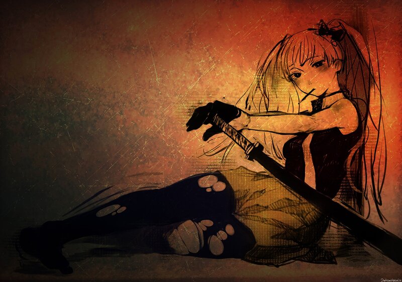 Anime Girl with Sword — Orange, Dramatic, Digital Art, Gloves