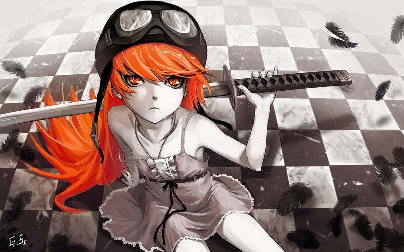 Anime Girl with Sword — Orange, Dramatic, Digital Art, Goggles