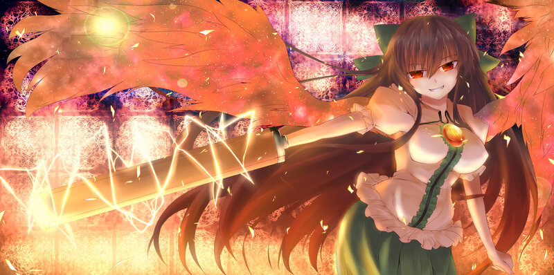 Anime Girl with Sword — Orange, Dramatic, Digital Art, Wings