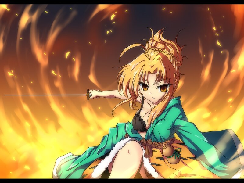 Anime Girl with Sword — Orange, Dramatic, Fire, Kimono