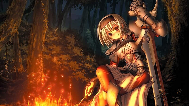 Anime Girl with Sword — Orange, Dramatic, Night, Digital Art, Forest, Fire