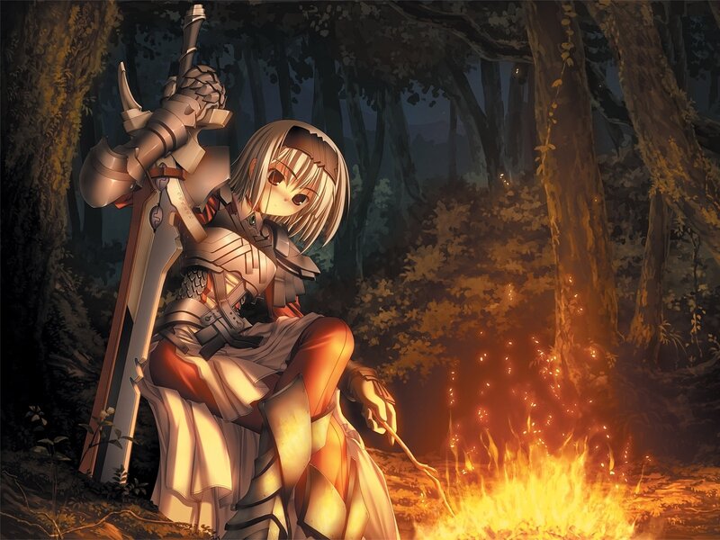 Anime Girl with Sword — Orange, Dramatic, Night, Digital Art