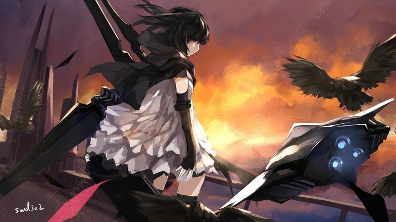 Anime Girl with Sword — Orange, Dramatic, Sunset, Digital Art, Bird