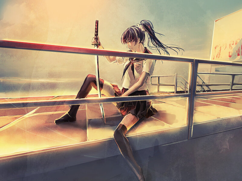 Anime Girl with Sword — Orange, Dramatic, Sunset, Digital Art