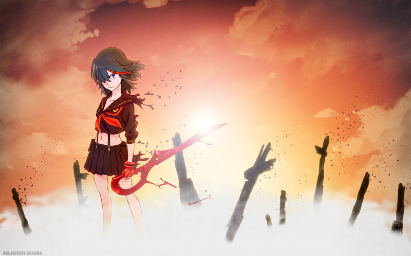Anime Girl with Sword — Orange, Dramatic, Sunset, Skyscraper Ruins