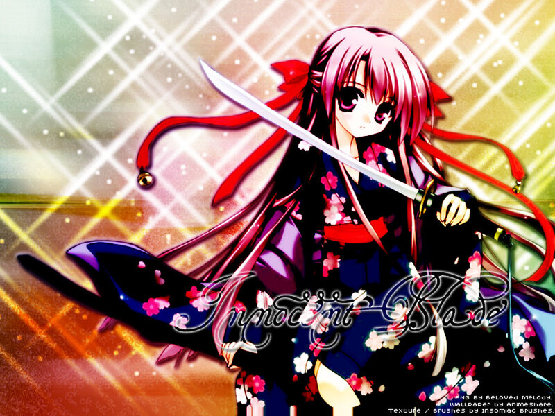 Anime Girl with Sword — Pink, Dramatic, Kimono, Red Ribbons