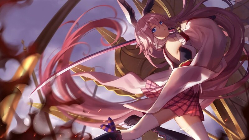 Anime Girl with Sword — Pink, Dramatic, Long Hair, Cat Ears