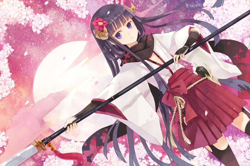 Anime Girl with Sword — Pink, Dramatic, Night, Cherry Blossoms, Moon