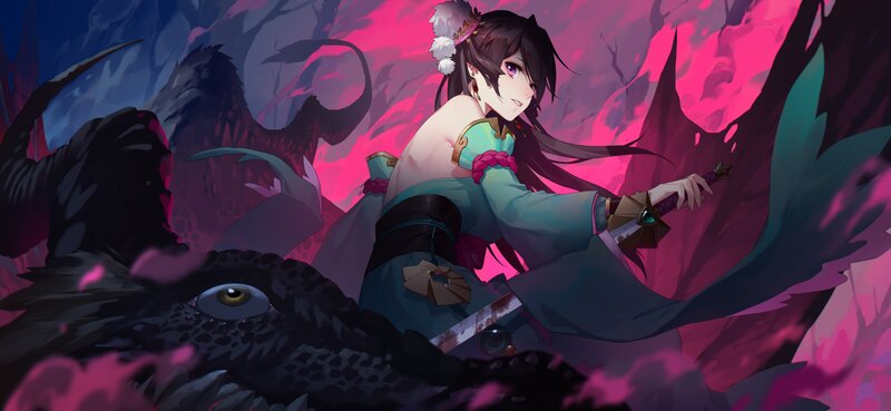 Anime Girl with Sword — Pink, Dramatic, Night, Digital Art, Dragon