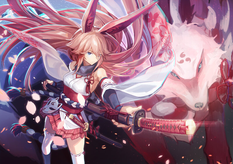 Anime Girl with Sword — Pink, Dramatic, Night, Digital Art, Fox