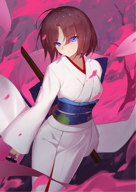 Anime Girl with Sword — Pink, Dramatic, Spring, Digital Art, Kimono