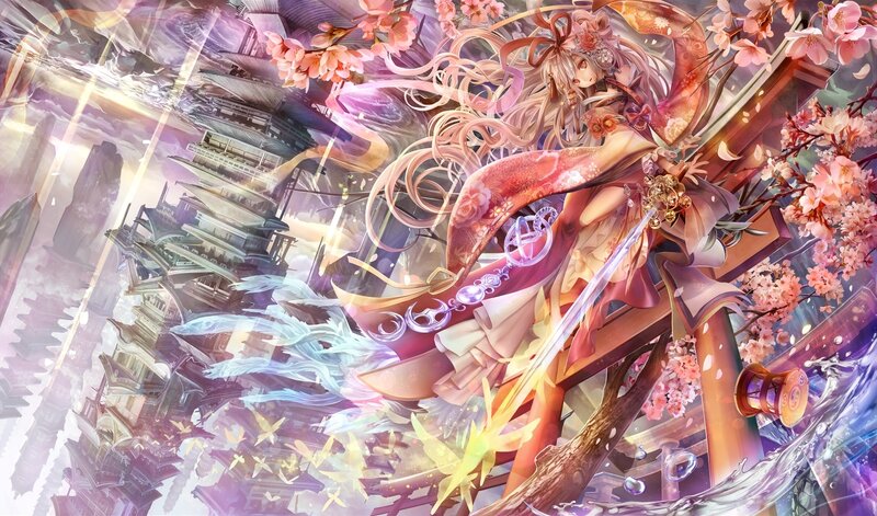 Anime Girl with Sword — Pink, Dramatic, Spring, Digital Art, Sakura Blossoms