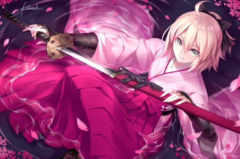 Anime Girl with Sword — Pink, Dramatic, Spring, Digital Art, Sakura Petals