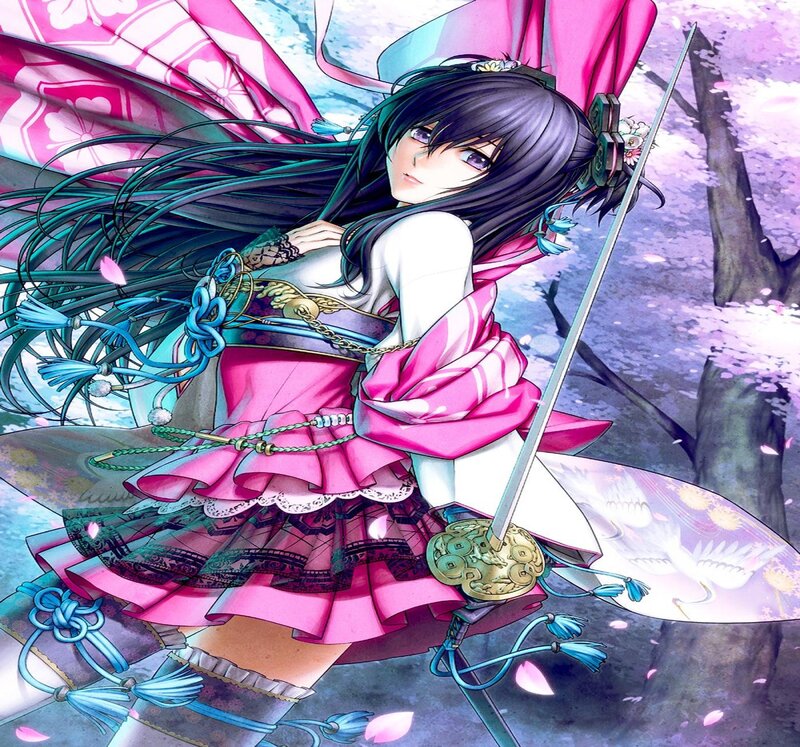 Anime Girl with Sword — Pink, Dramatic, Spring, Manga, Kimono