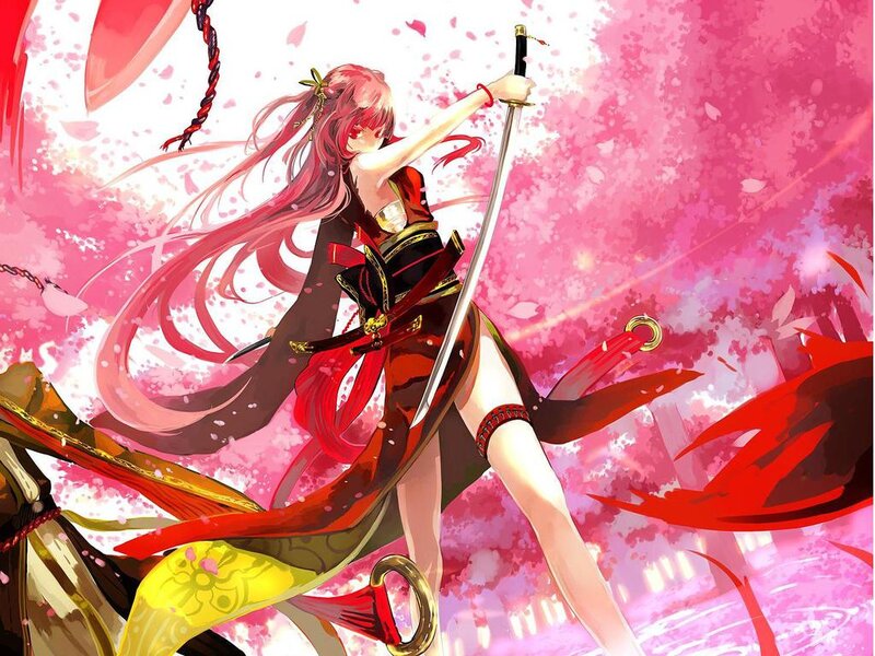 Anime Girl with Sword — Pink, Dramatic, Spring, Sakura Petals