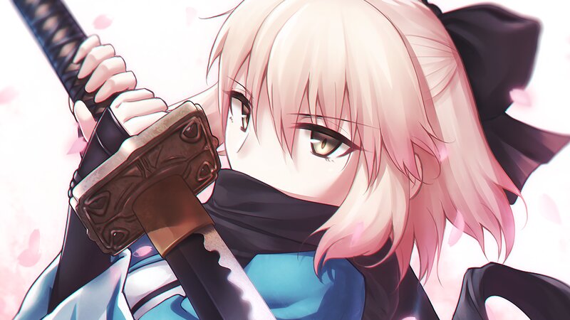 Anime Girl with Sword — Pink, Dramatic, Spring, Scarf