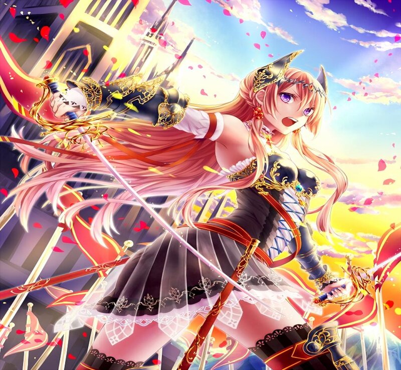 Anime Girl with Sword — Pink, Dramatic, Sunset, Digital Art, Castle
