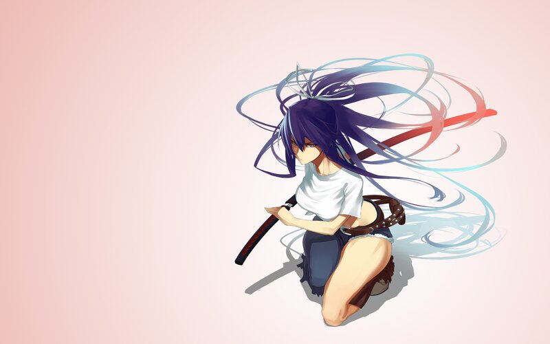 Anime Girl with Sword — Pink, Dynamic, Digital Art, Long Hair, Kneeling