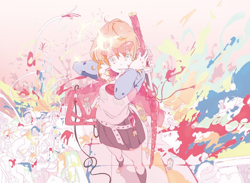 Anime Girl with Sword — Pink, Dynamic, Digital Art, Splatter