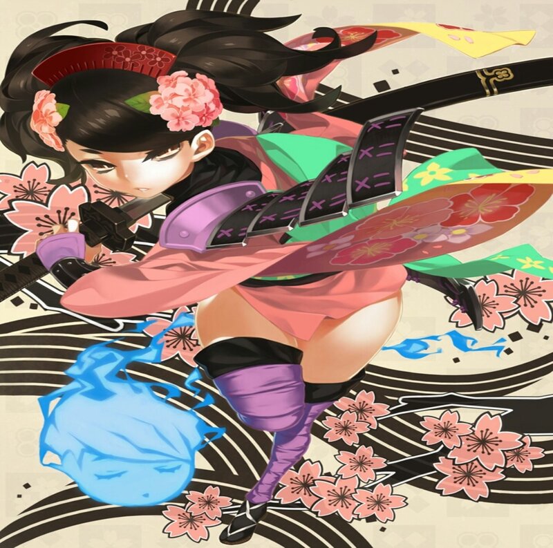 Anime Girl with Sword — Pink, Dynamic, Spring, Digital Art, Cherry Blossoms