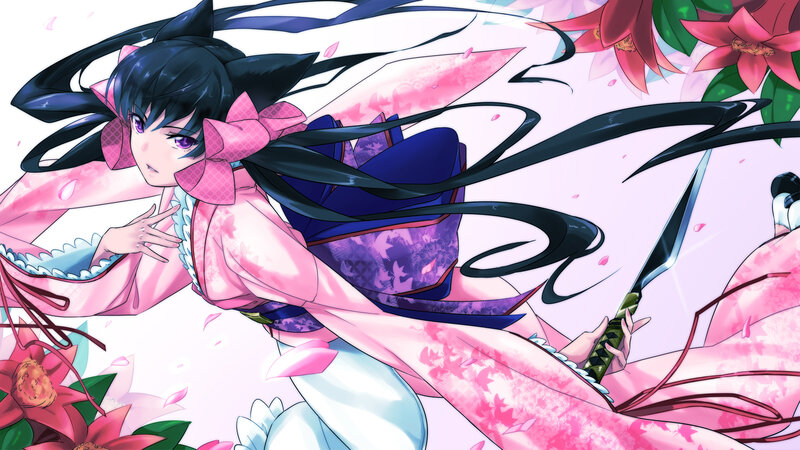 Anime Girl with Sword — Pink, Dynamic, Spring, Flowers