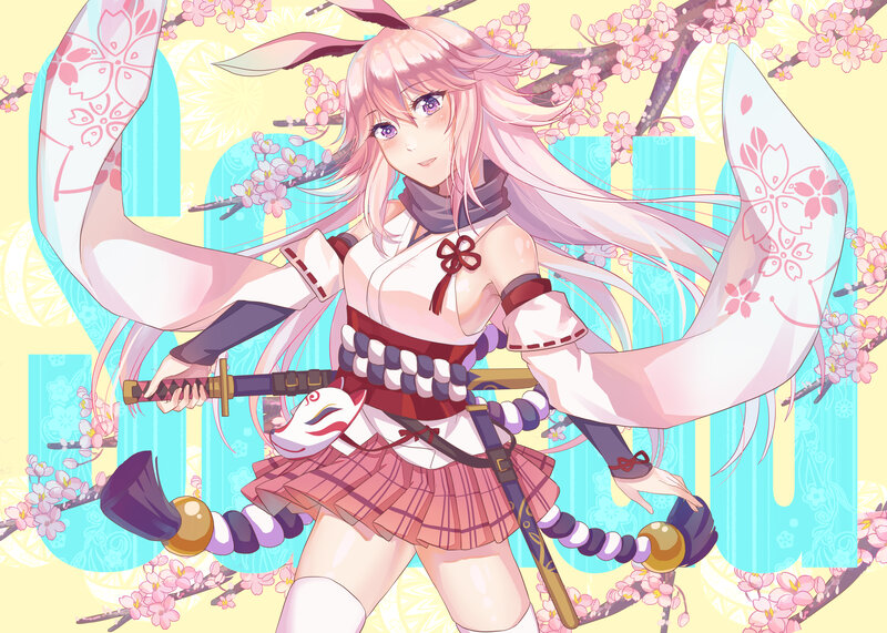 Anime Girl with Sword — Pink, Playful, Spring, Digital Art, Sakura, Mask