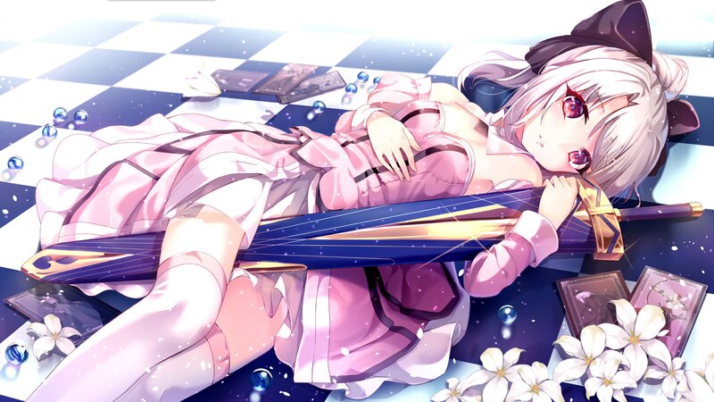 Anime Girl with Sword — Pink, Serene, Digital Art, Flowers