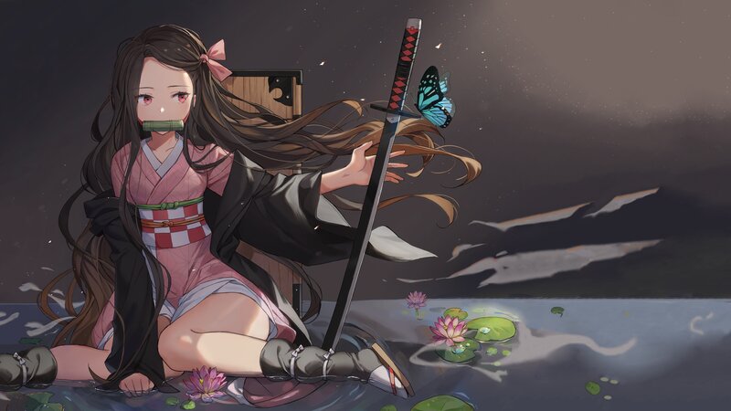 Anime Girl with Sword — Pink, Serene, Night, Digital Art, Butterfly