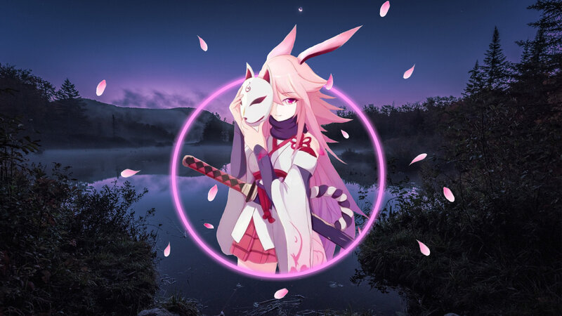 Anime Girl with Sword — Pink, Serene, Night, Digital Art, Mask