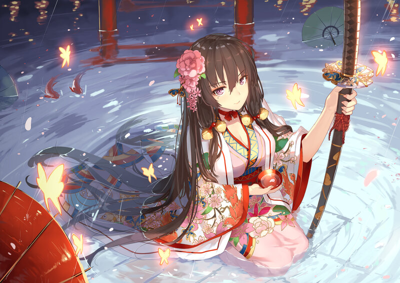 Anime Girl with Sword — Pink, Serene, Night, Digital Art