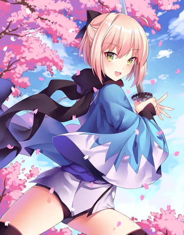 Anime Girl with Sword — Pink, Serene, Spring, Cherry Blossoms, Kimono