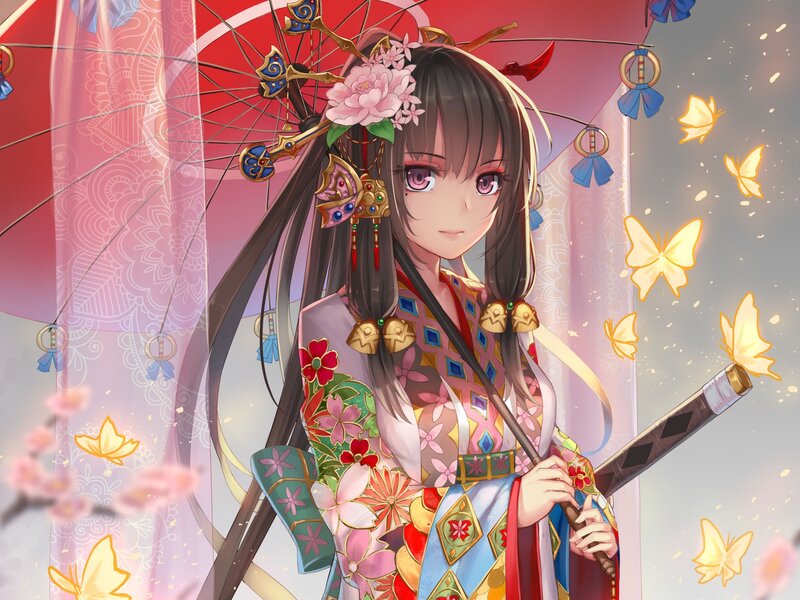 Anime Girl with Sword — Pink, Serene, Spring, Digital Art, Butterflies