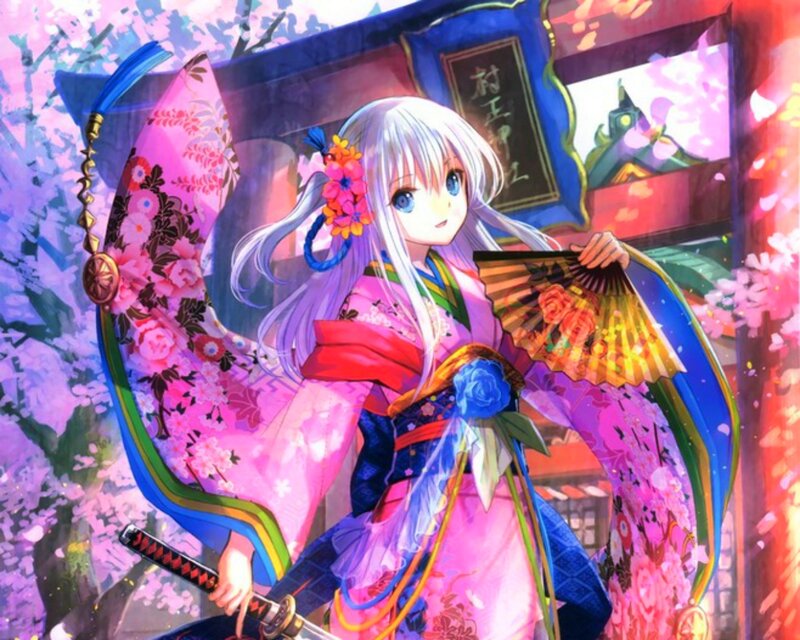 Anime Girl with Sword — Pink, Serene, Spring, Digital Art, Kimono, Sakura