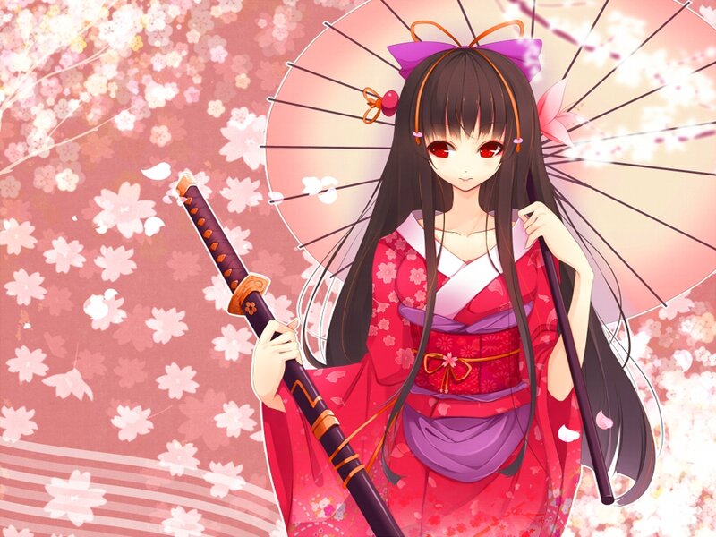 Anime Girl with Sword — Pink, Serene, Spring, Digital Art, Kimono
