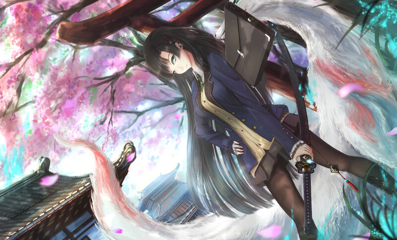 Anime Girl with Sword — Pink, Serene, Spring, Digital Art, Sakura Blossoms
