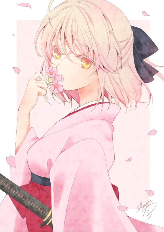 Anime Girl with Sword — Pink, Serene, Spring, Digital Art, Sakura Flowers