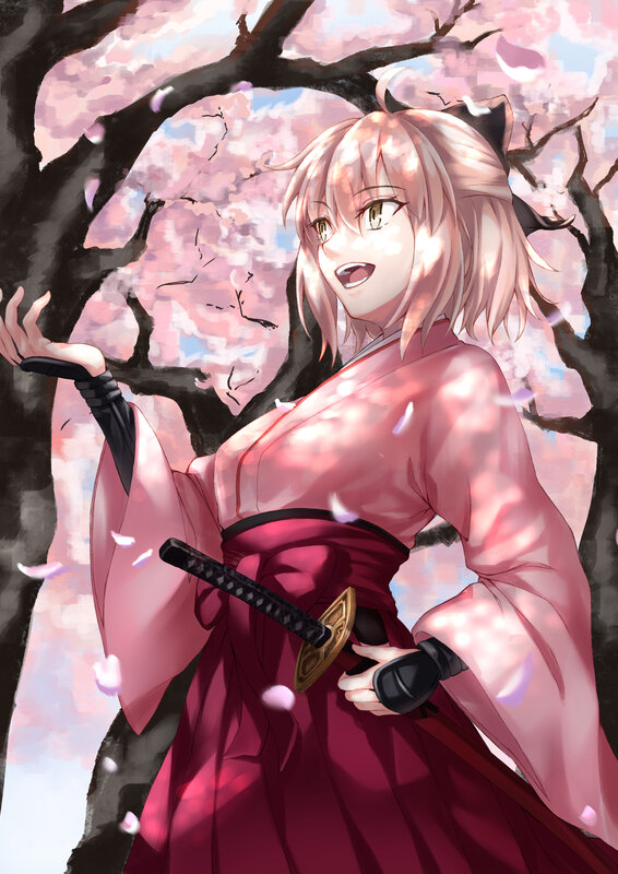 Anime Girl with Sword — Pink, Serene, Spring, Digital Art, Sakura, Katana