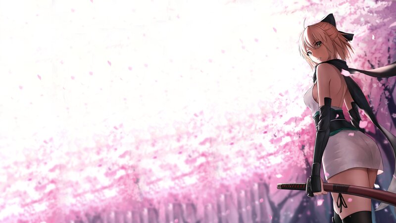Anime Girl with Sword — Pink, Serene, Spring, Sakura