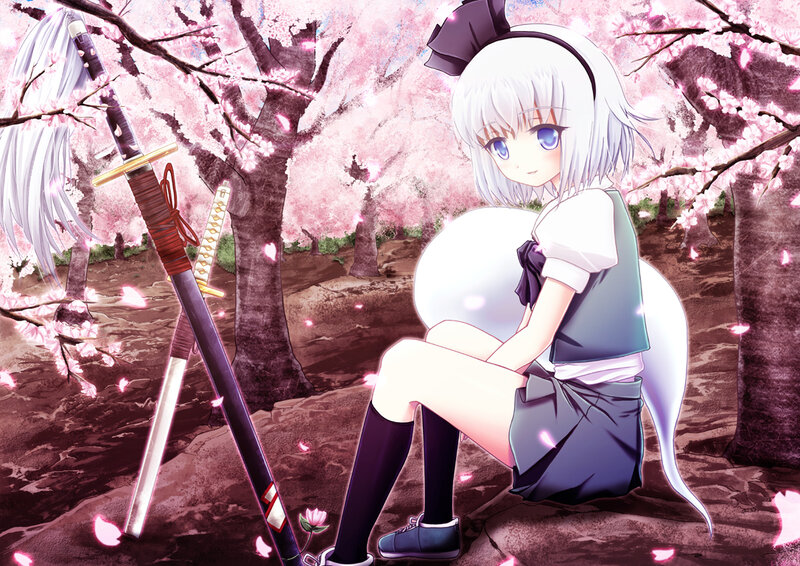 Anime Girl with Sword — Pink, Serene, Spring, Sakura Trees